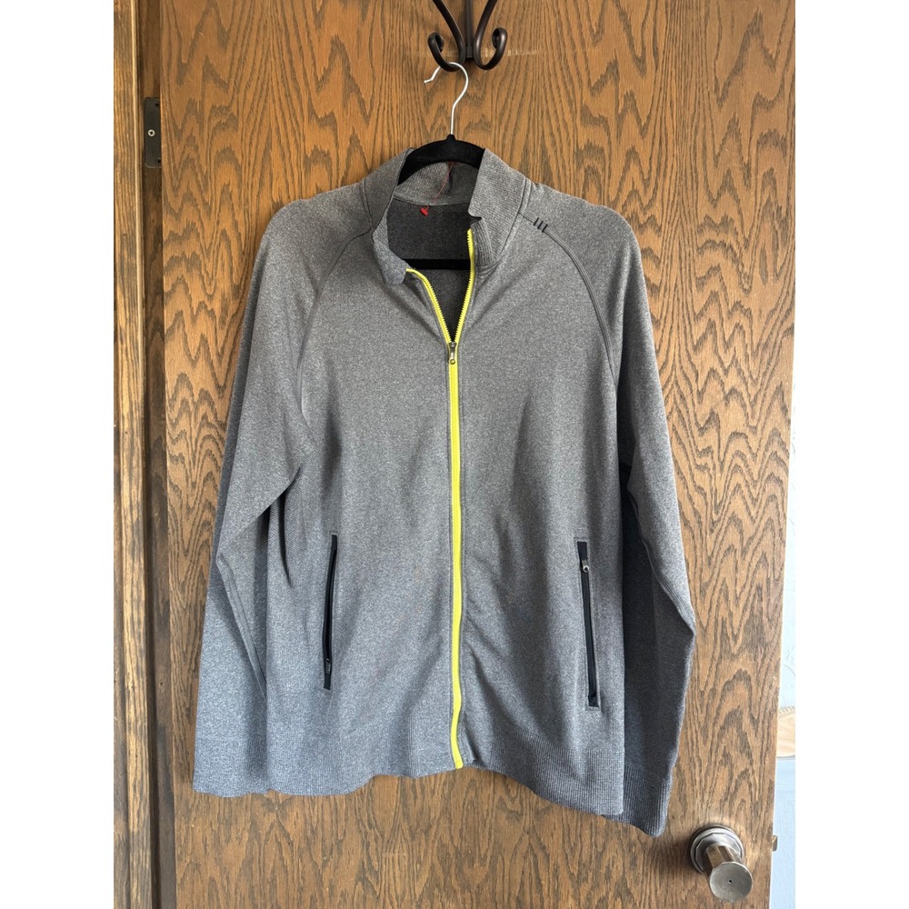 Lululemon Mens Full‎ Zip Athletic Jacket Gray Neon Yellow Accents Mock Neck
